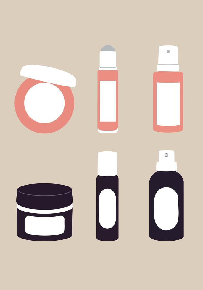 Beauty product containers set with spray and cream jars in soft beige background illustration vector