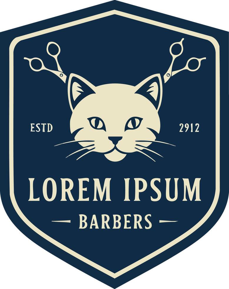 Cat Barber Logo with Scissors in Dark Blue and Beige Shield Design Illustration vector