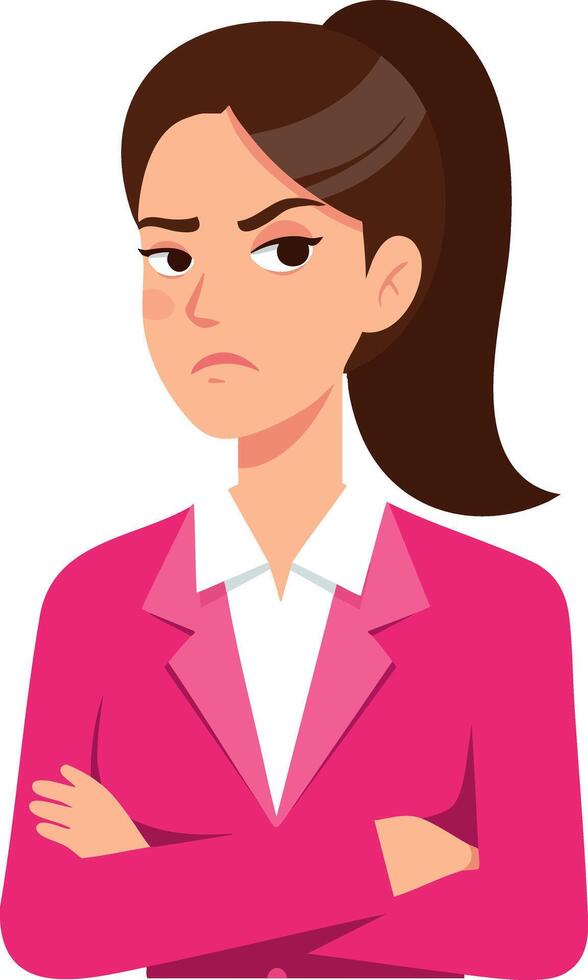 Woman in pink blazer crossing arms with serious expression illustration vector