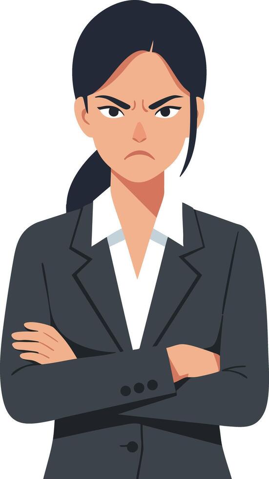 Angry businesswoman with folded arms in dark suit and white shirt illustration vector