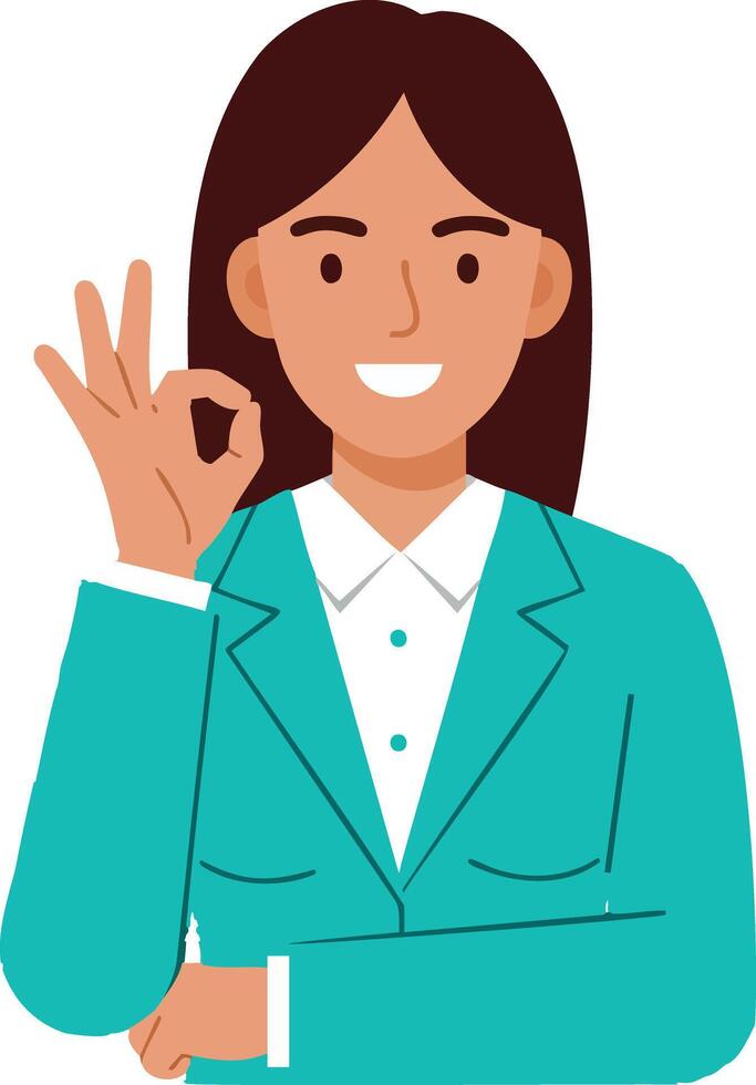 Businesswoman in turquoise jacket showing ok gesture smiling confidently illustration vector