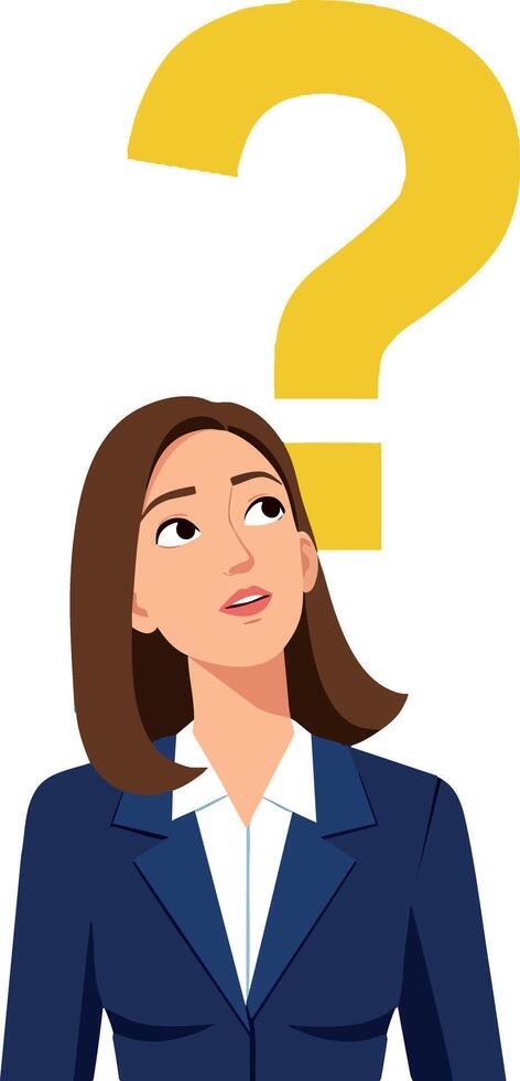Businesswoman looking up with yellow question mark above head illustration vector
