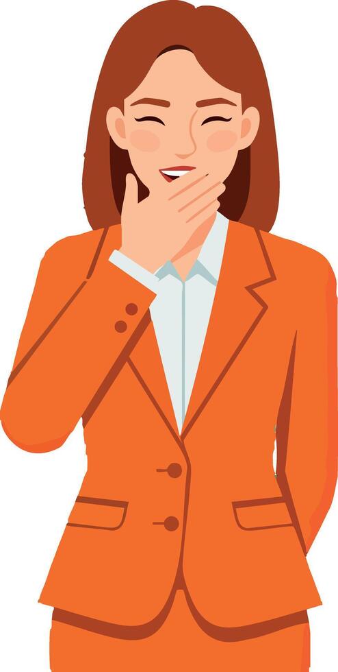 Young woman in orange suit laughing covering mouth illustration vector