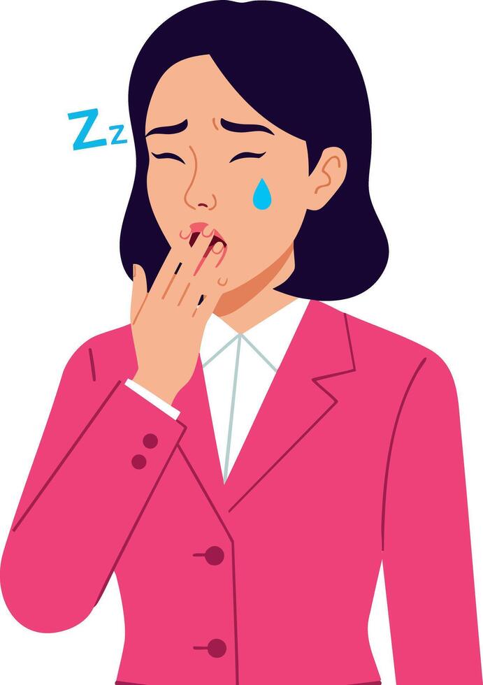 Woman in pink suit yawning tired sleepy gesture illustration vector