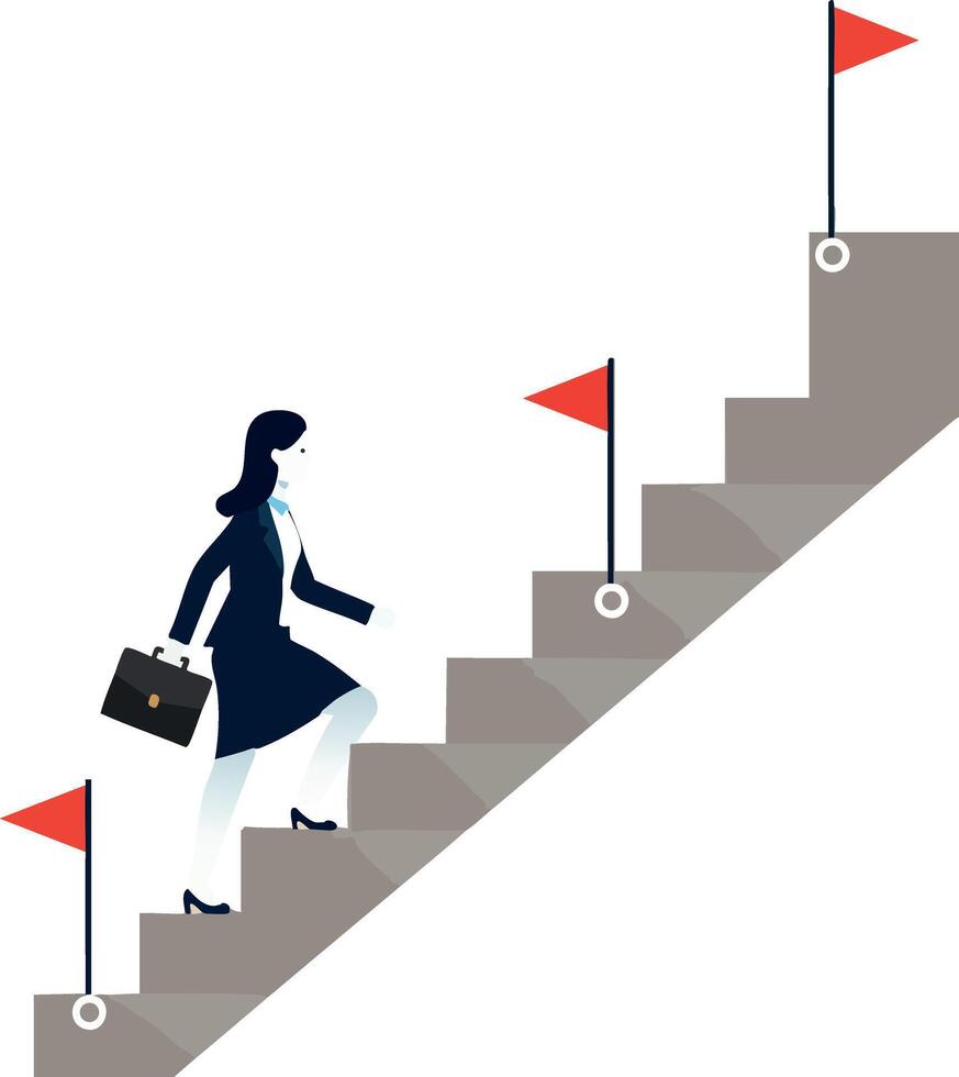Businesswoman climbing staircase with red flags symbolizing career goals achievement illustration vector