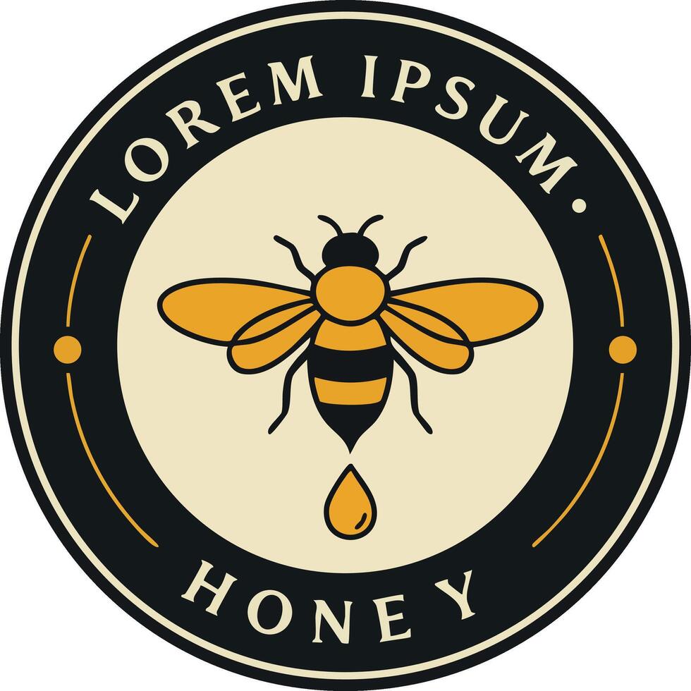Bee emblem with honey drop and black gold color scheme illustration for natural product label vector