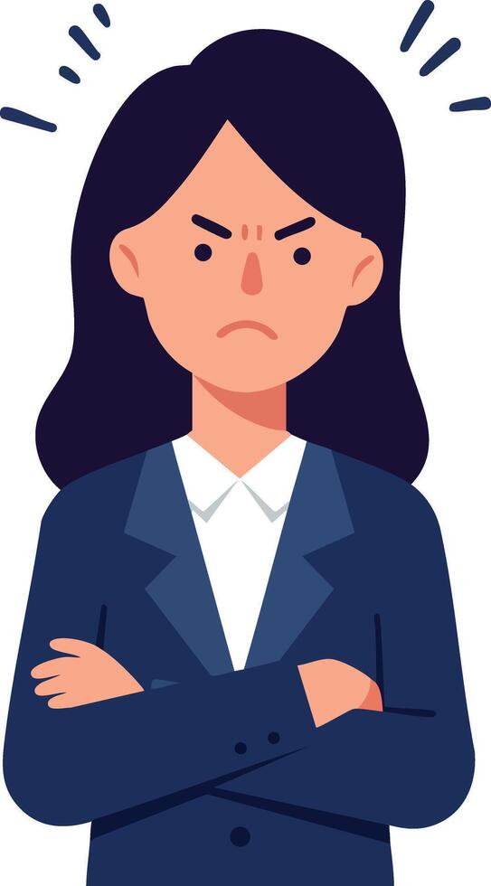 Angry businesswoman with crossed arms expressing frustration illustration vector