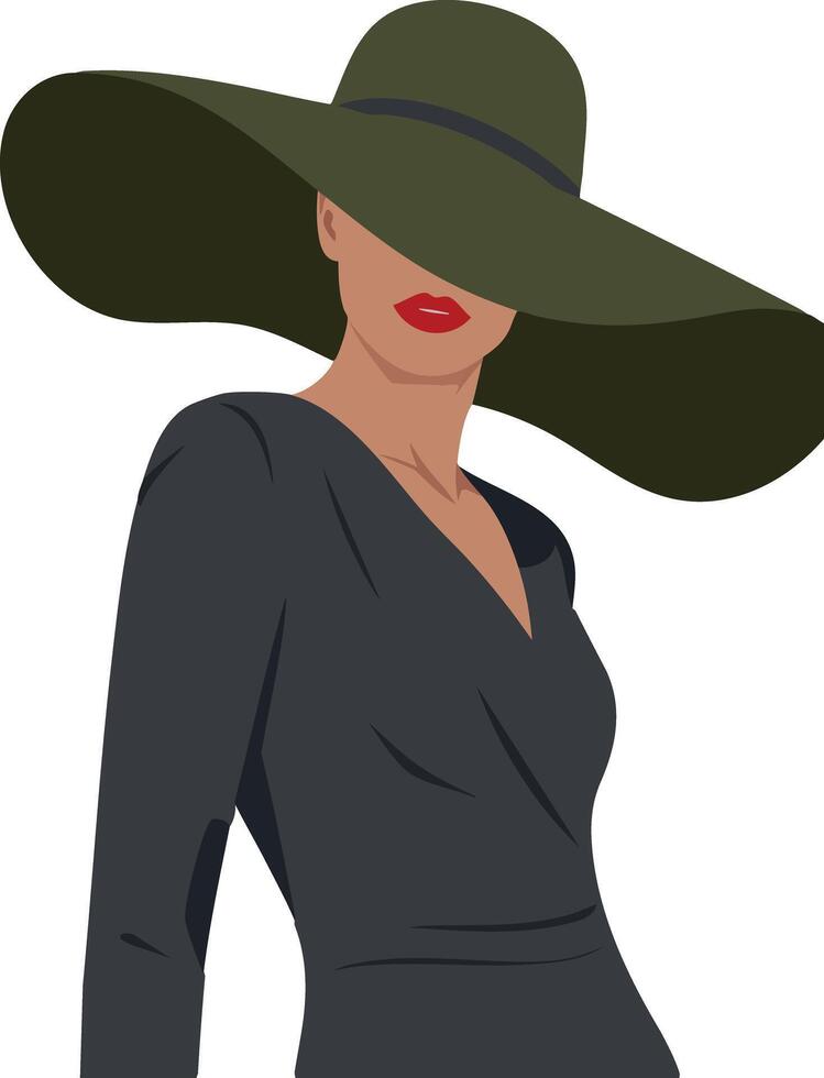 Elegant woman wearing large wide brim hat with black dress and red lips fashion illustration vector