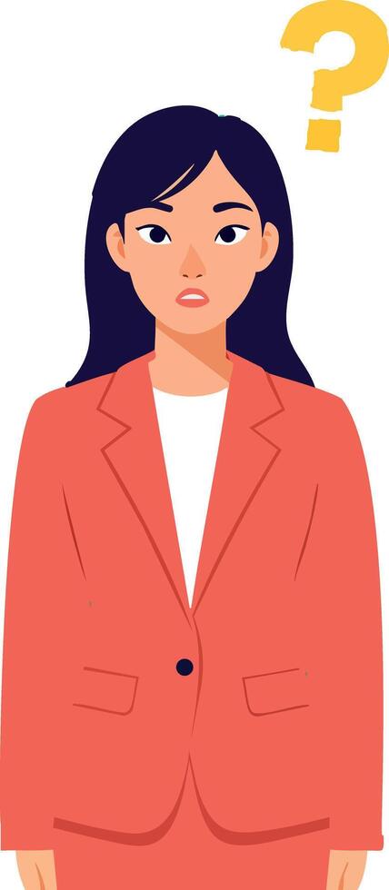 Confused businesswoman with question mark above head in red jacket illustration vector