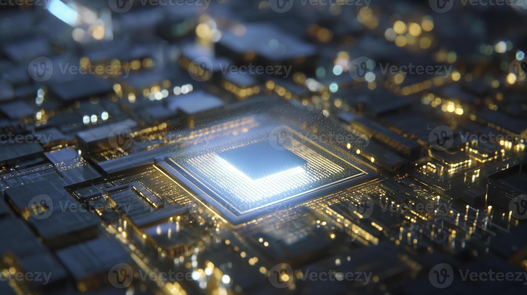 A computer chip is shown in the middle of a city photo