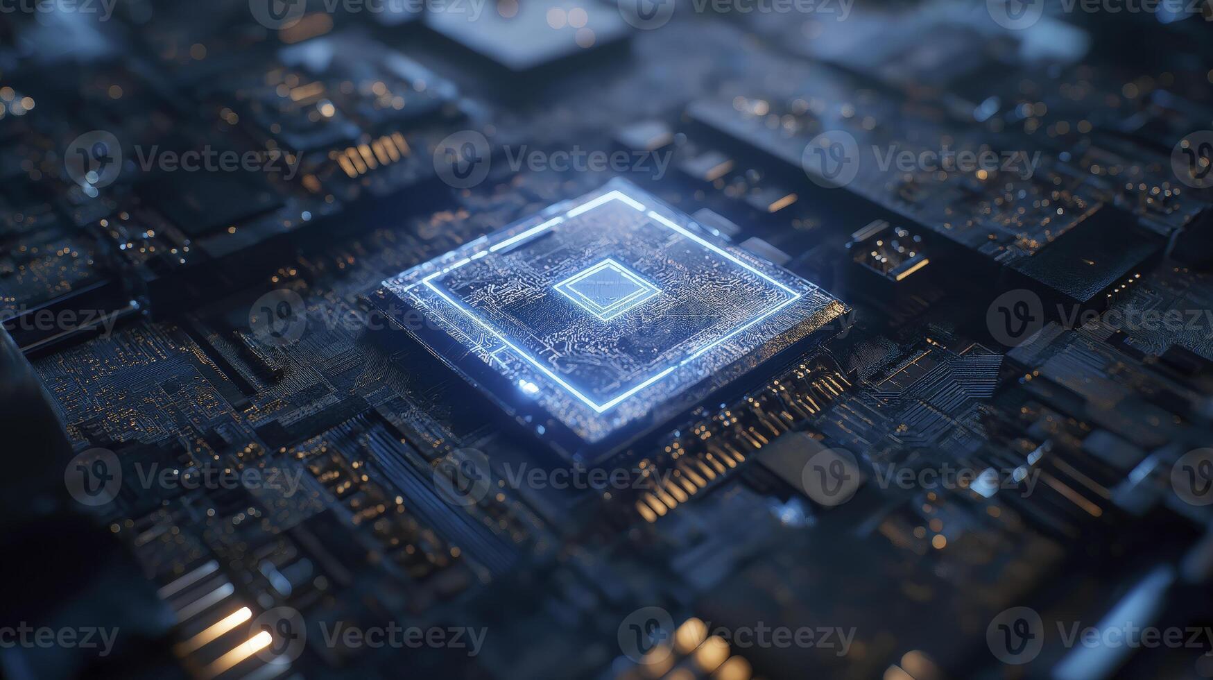 A computer chip is shown on top of a motherboard photo