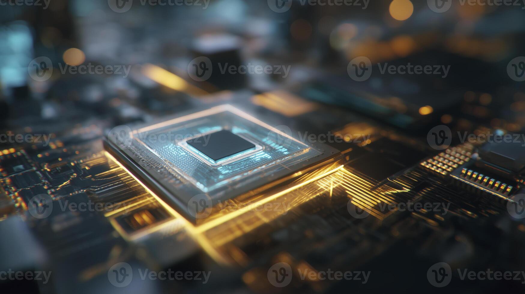 A close up of a computer chip on a motherboard for new technology photo