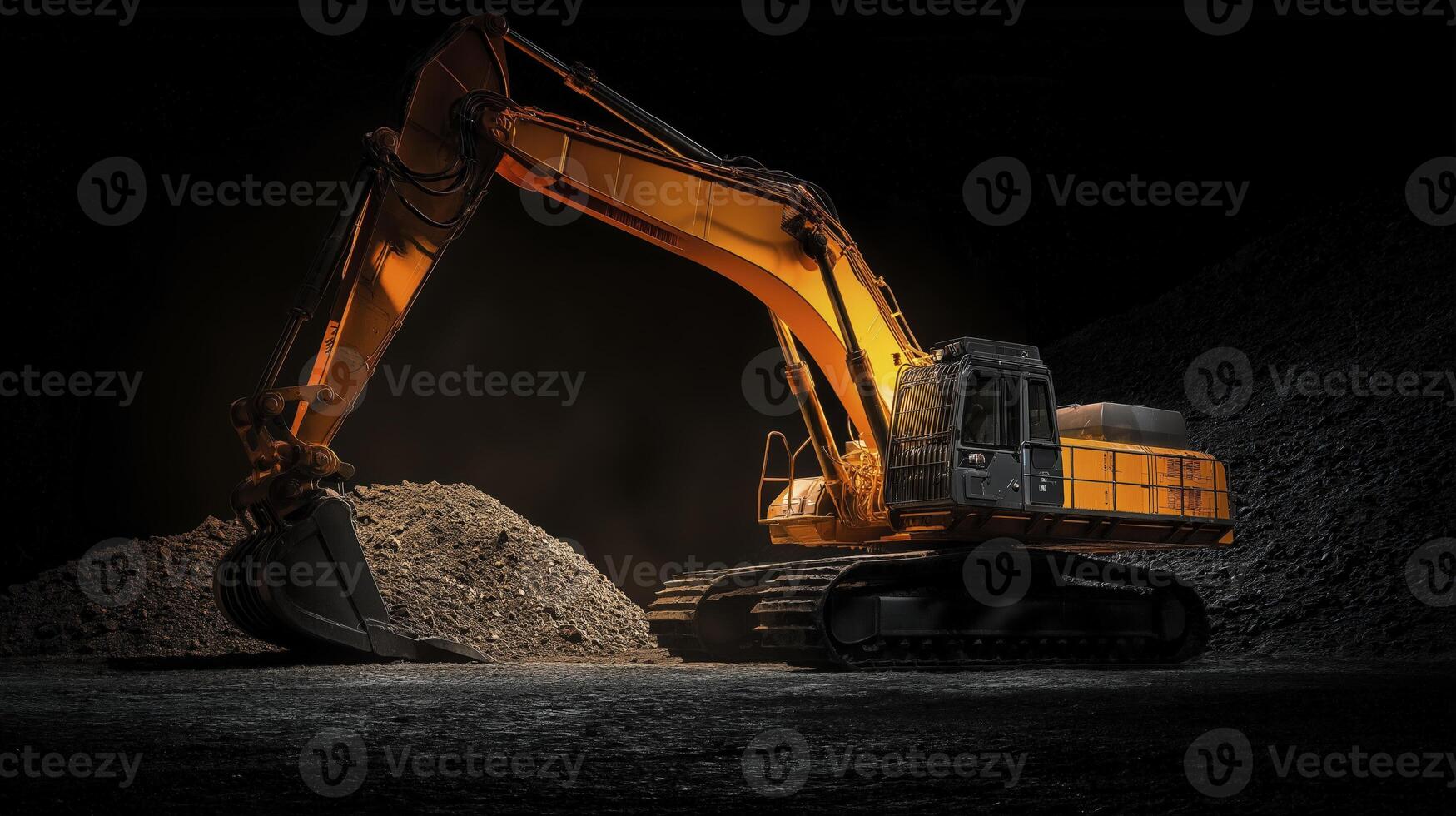 A large excavator is standing in front of a pile of dirt photo