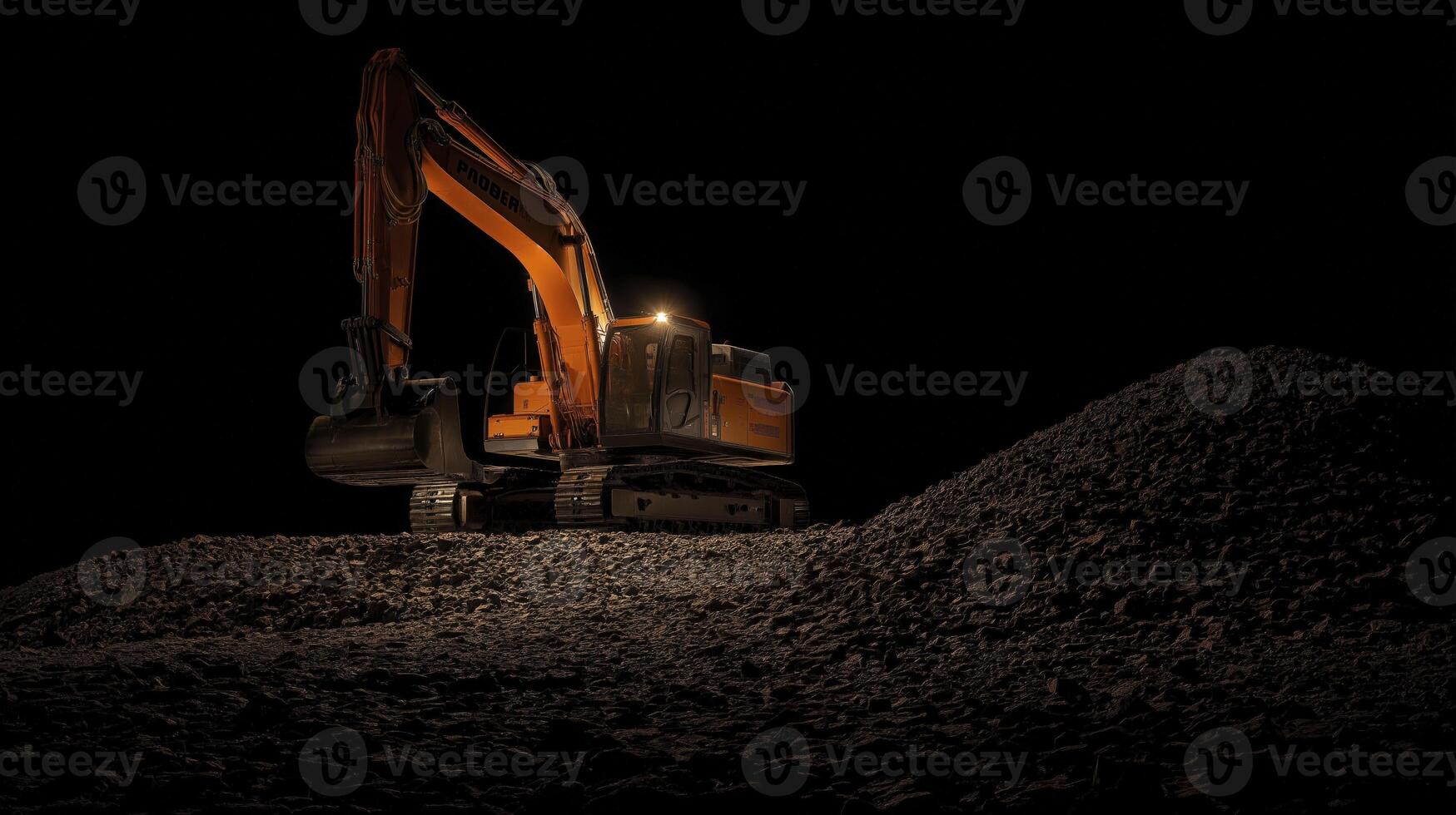 An excavator is standing in front of a pile of gravel photo