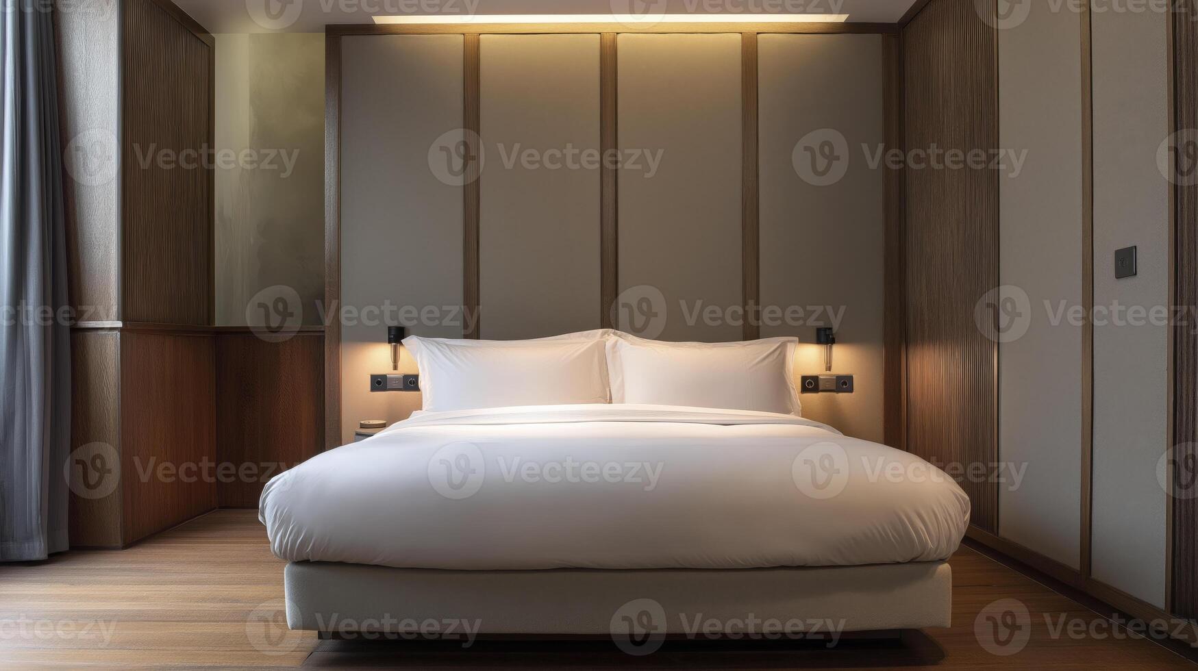 A bed in a bedroom with a wooden floor and a wall photo