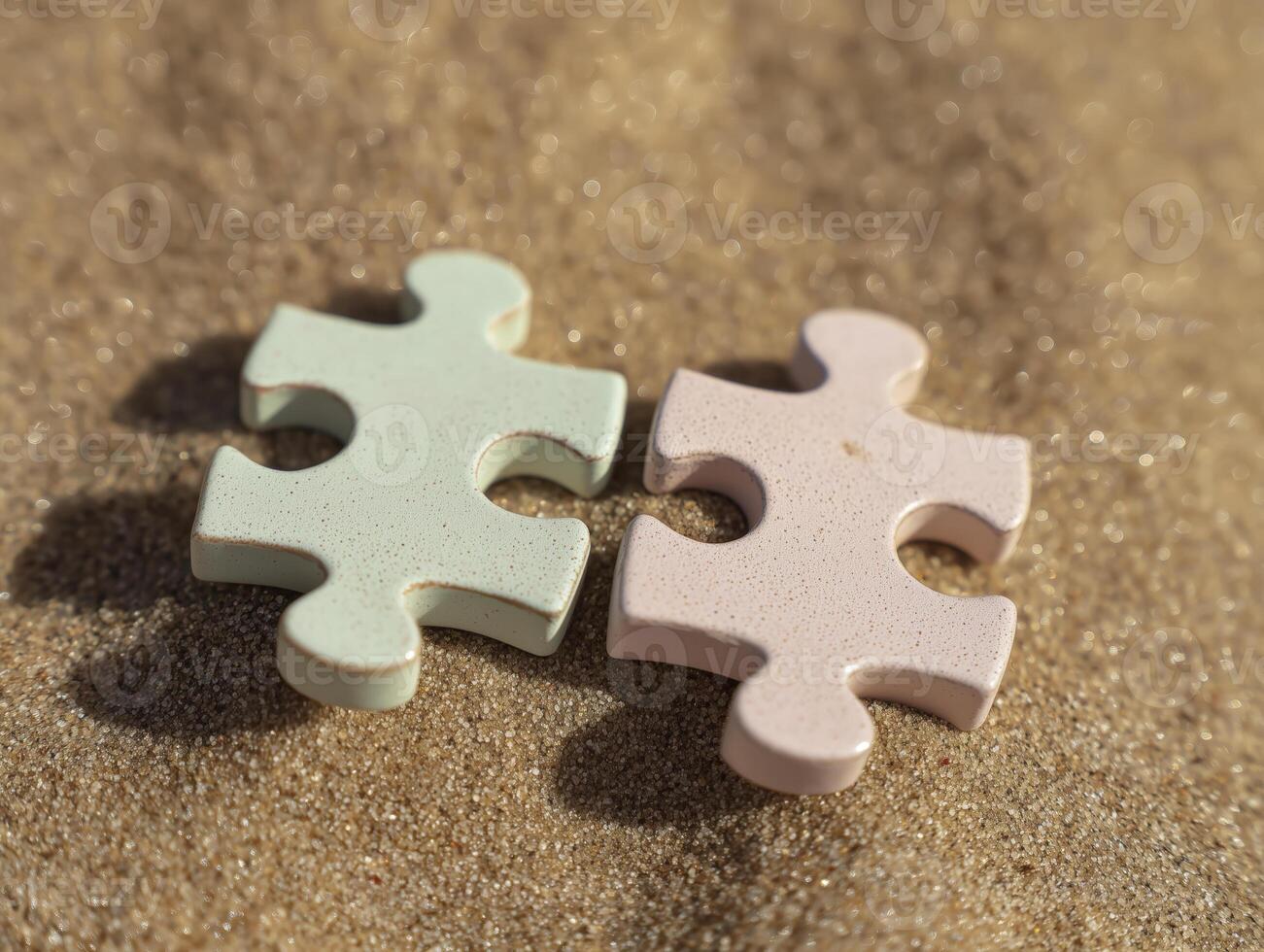 Two pieces of puzzle piece on the sand photo