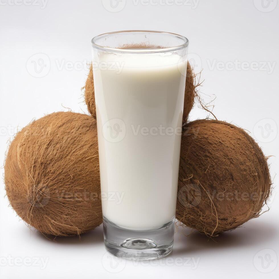 a Glass of coconut milk with coconuts on left, creating refreshing and tropical vibe photo
