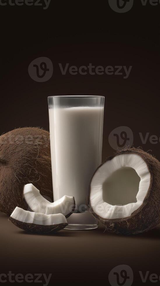 Coconut milk and coconut halves on a dark background photo