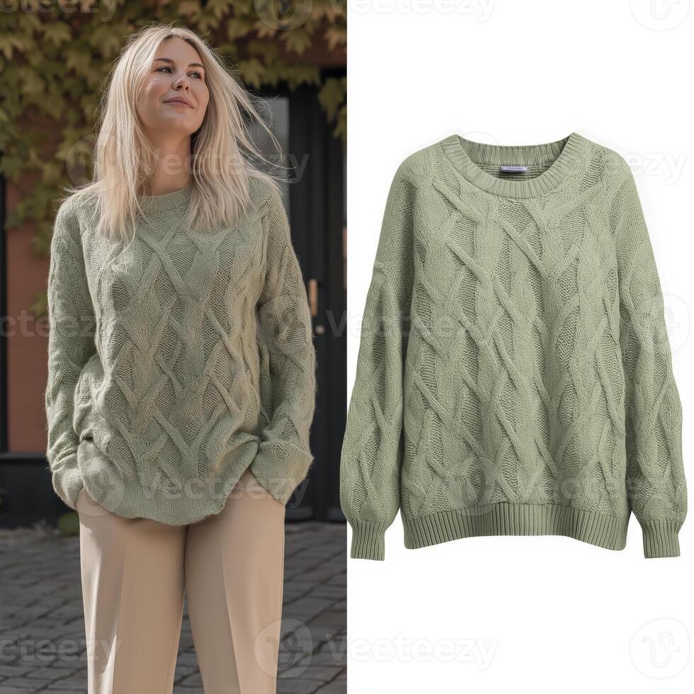 A smiling woman in green cable knit sweater stands outdoors, paired with separate image of sweater on white background photo