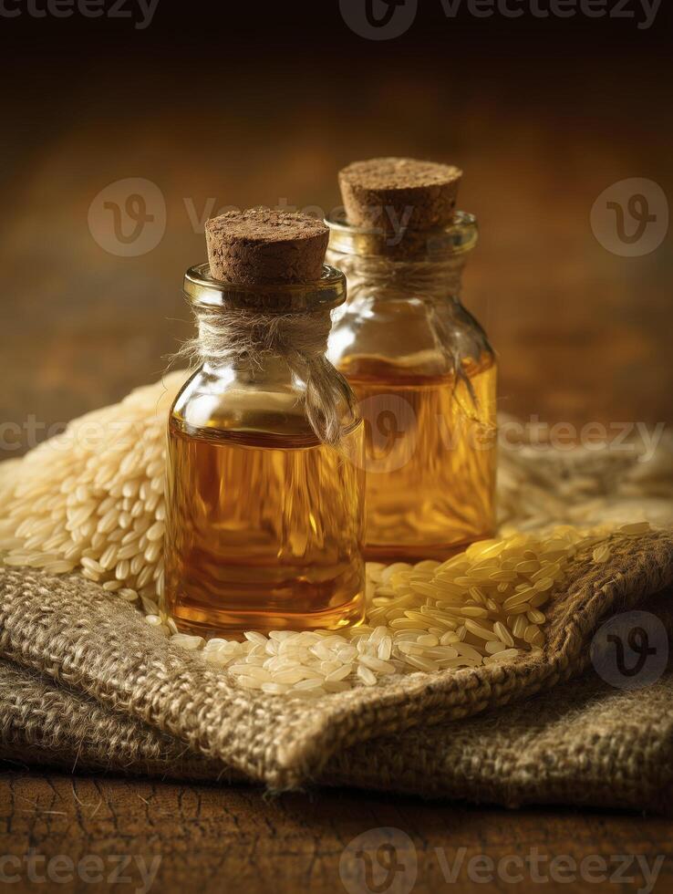 two small glass bottles filled with golden liquid sit on burlap with rice grains, creating rustic and warm atmosphere photo
