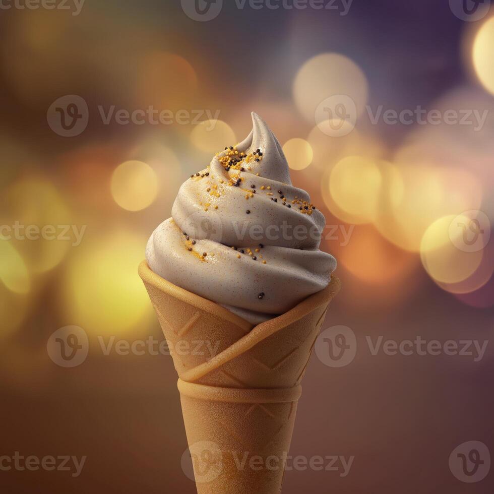 A delicious swirl of soft serve ice cream in cone with sprinkles, set against blurred bokeh background photo