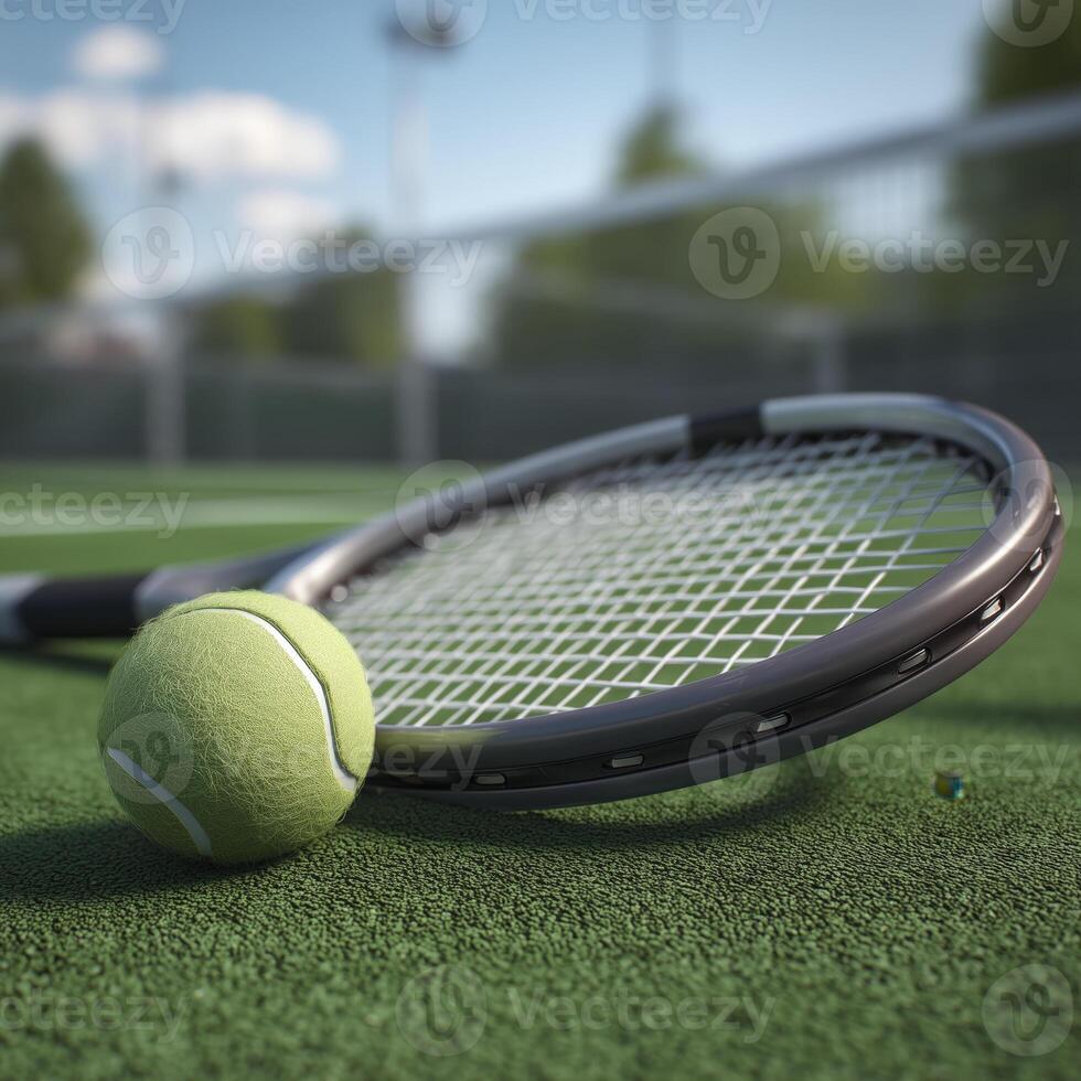 A tennis racket and ball rest playfully on court, showcasing joy of game and anticipating next serve photo