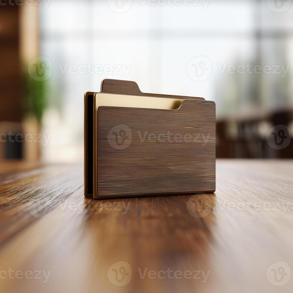 An a 3d rendering of file icon on wood table shows organization and digital storage with natural background, exuding sense of efficiency and calm photo