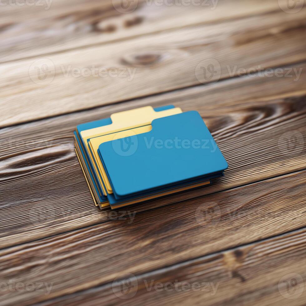 A stack of file icon rests on wood table, conveying sense of organization and accessibility. these file objects are ready to be accessed photo