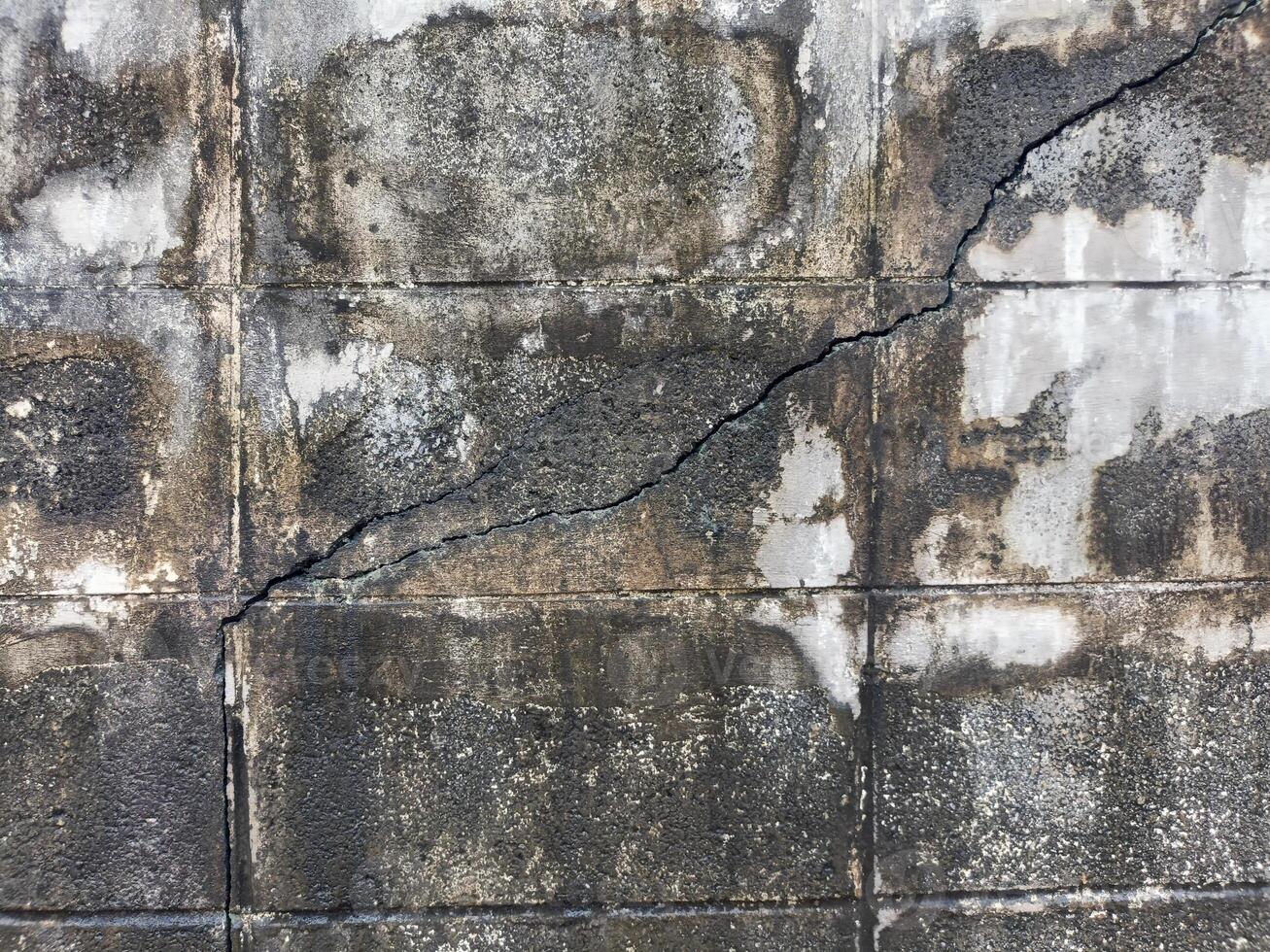 A cracked concrete wall shows signs of age and neglect, creating somber and deteriorating atmosphere. wall, crack, and concrete are visible photo