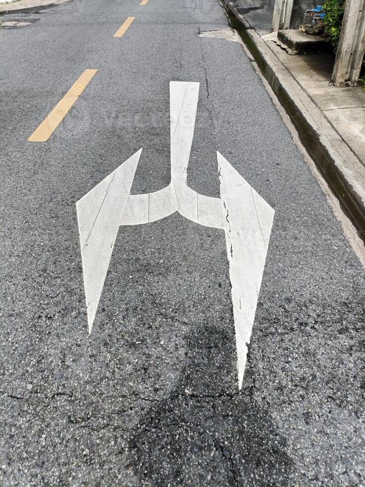 A road marking shows an arrow with split direction, indicating two possible routes and forward direction, it represent anticipation photo