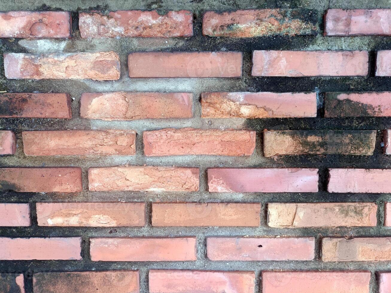 Close up showing an old brick wall that is rough and sturdy, making us feel its age and stories it holds. Its textured surface displays sense of resilience and timelessness photo