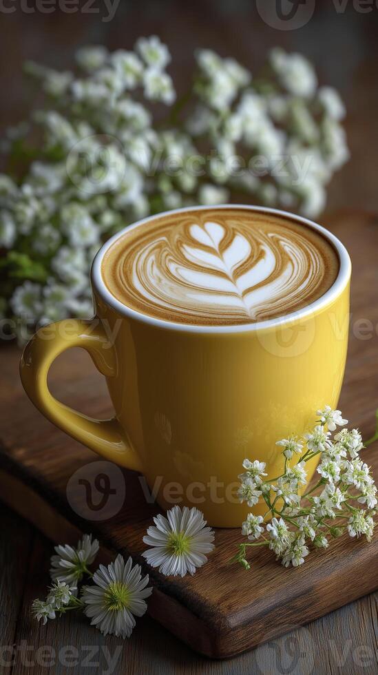 Cup of coffee is elegantly presented with latte art in bright yellow mug, radiating warmth and delight, complemented by delicate white flowers photo