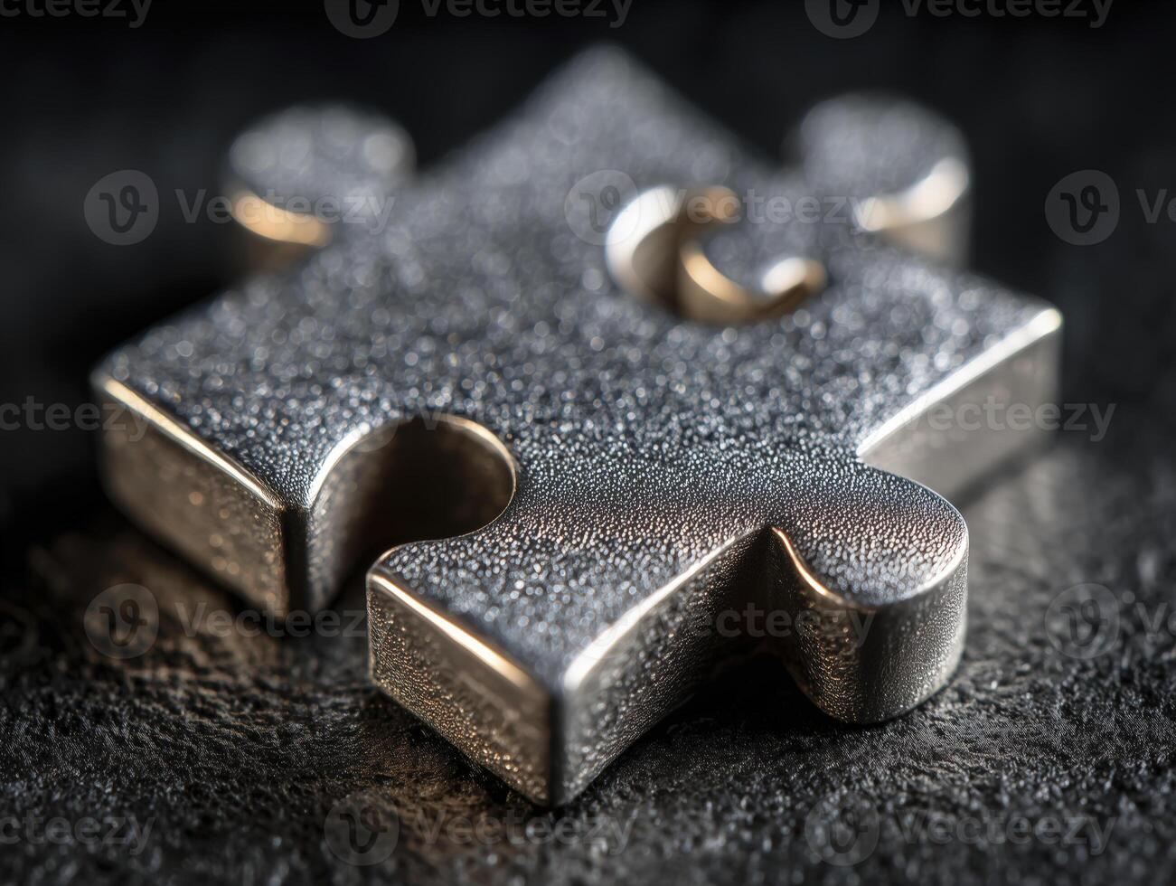 Single, shiny metal puzzle piece sits on table, reflecting light with precision. It looks isolated, awaiting connection and sparking curiosity photo