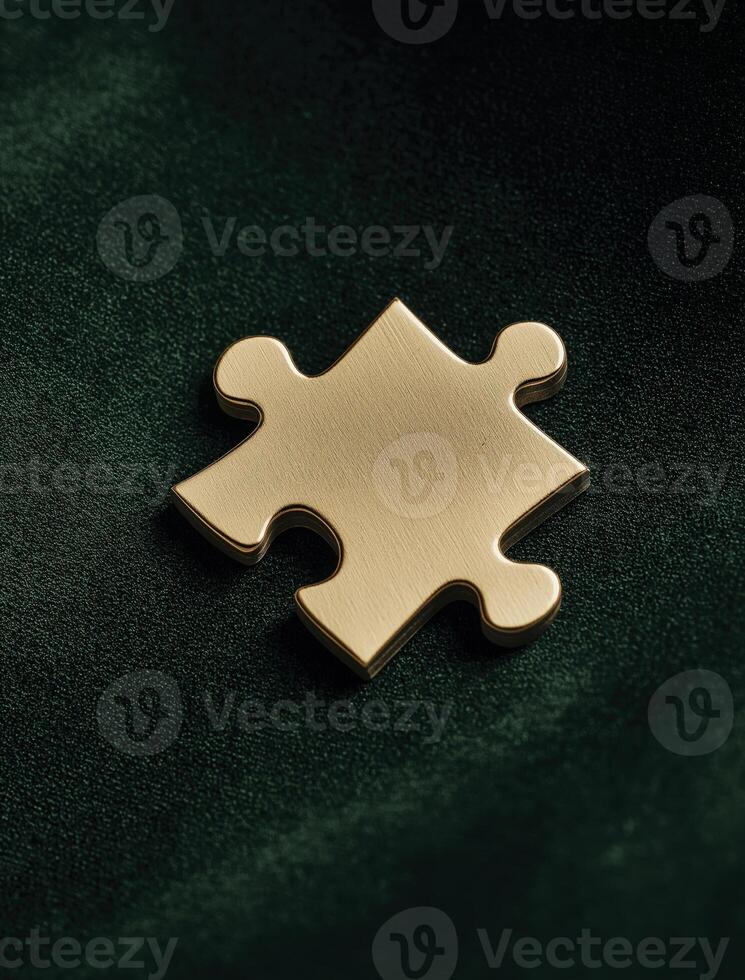 Single gold puzzle piece rests elegantly, seemingly anticipating its connection to complete bigger picture, radiating sense of potential and anticipation photo