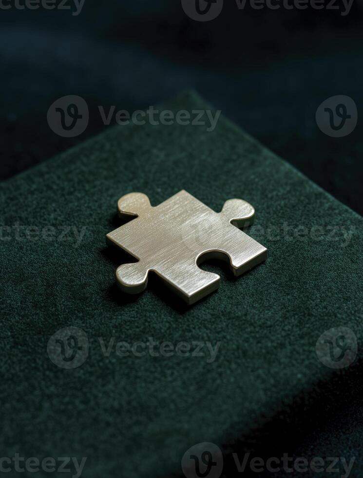 Single gold puzzle piece rests confidently, symbolizing completeness and hinting at satisfaction of perfectly solved challenge photo