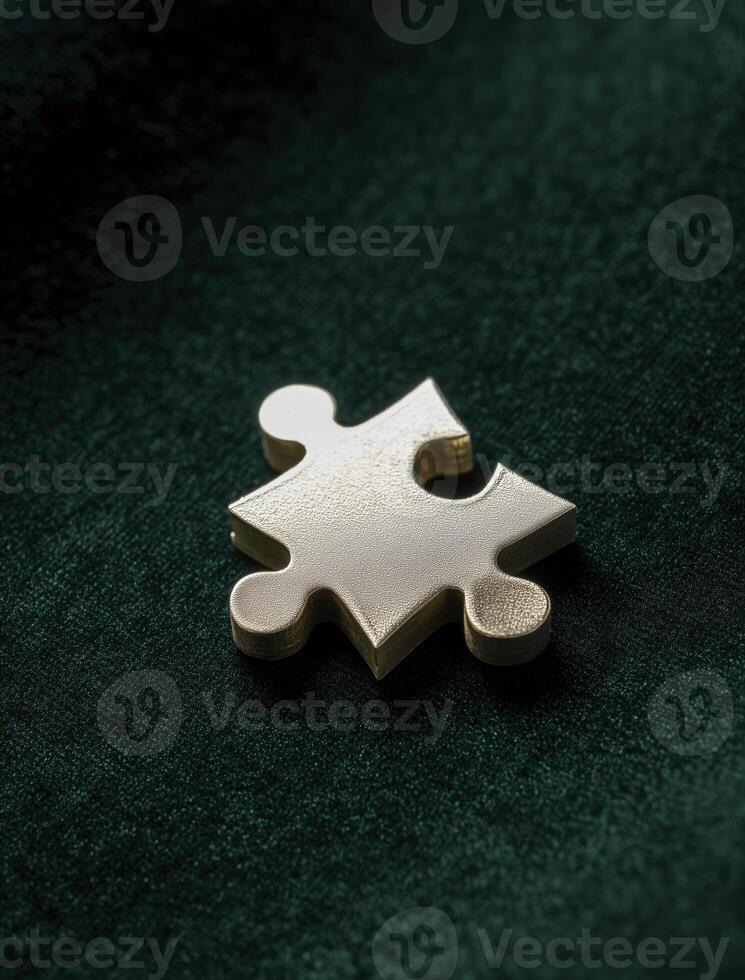 Single gold puzzle piece sits alone, representing concept of being incomplete yet full of potential. It evokes sense of quiet contemplation photo