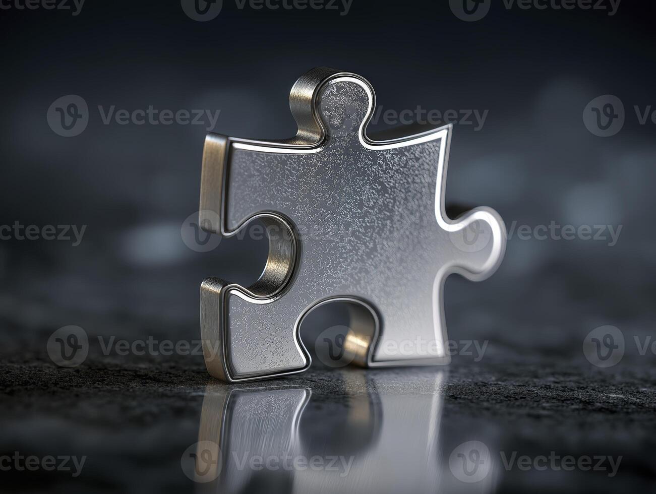 Metal puzzle piece sits gleaming on dark surface, reflecting light and exuding sense of completion and finding missing part, full of hope photo