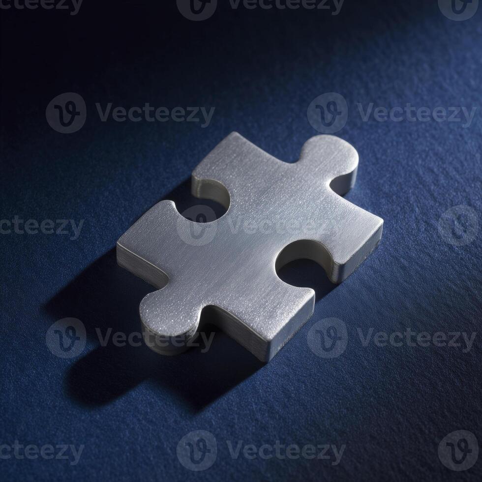 Single silver puzzle piece shines with determination on dark blue surface, symbolizing pursuit of solutions and thrill of problem solving photo