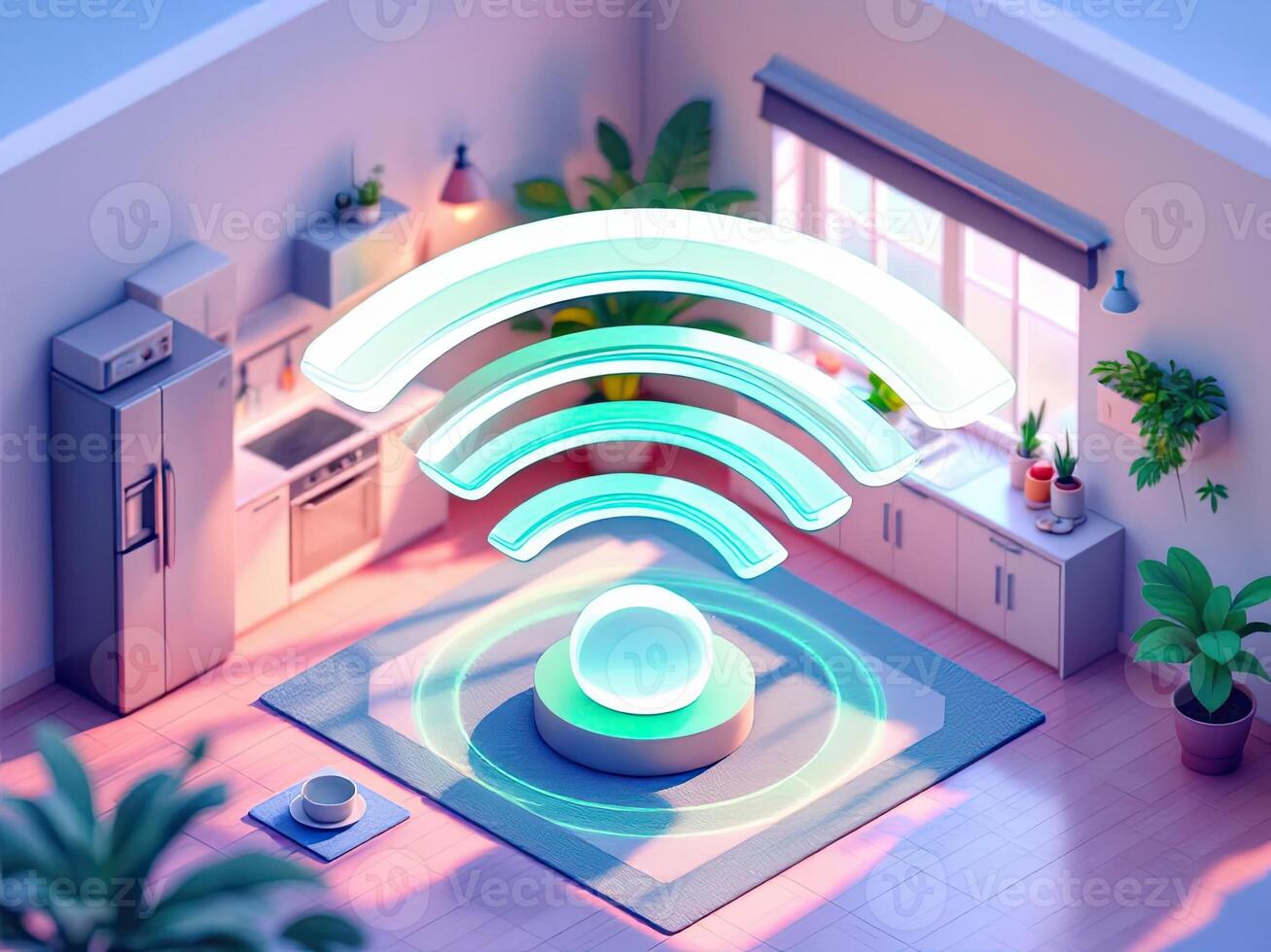 Optimistic and innovative atmosphere fills this miniature isometric view of home kitchen interior, highlighted by radiant wifi signal photo