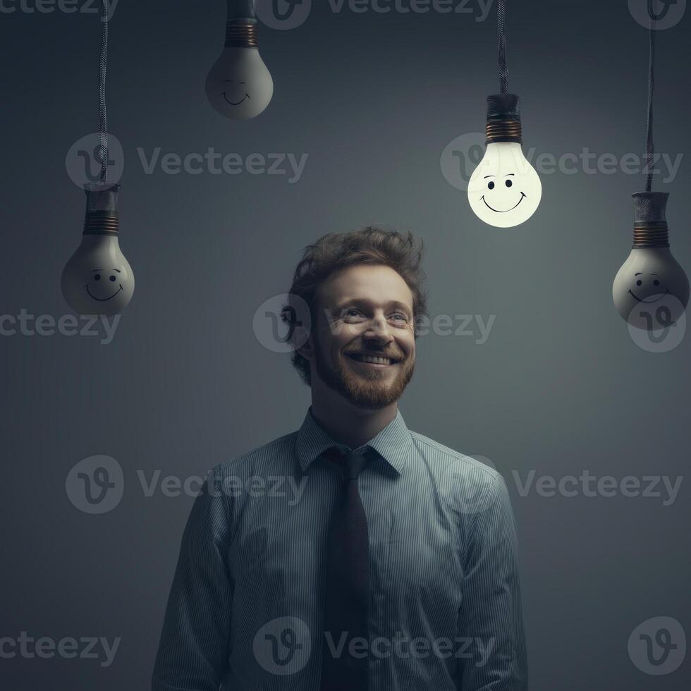 Smiling man in shirt and tie stands under floating light bulbs with smiley faces, creating whimsical and joyful atmosphere. scene is dimly lit, highlighting glowing bulbs photo