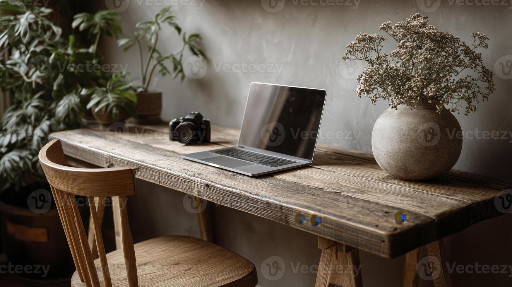 Simple wooden desk with open laptop, camera, and vase of flowers next to wooden chair, surrounded by indoor plants, creating cozy workspace photo