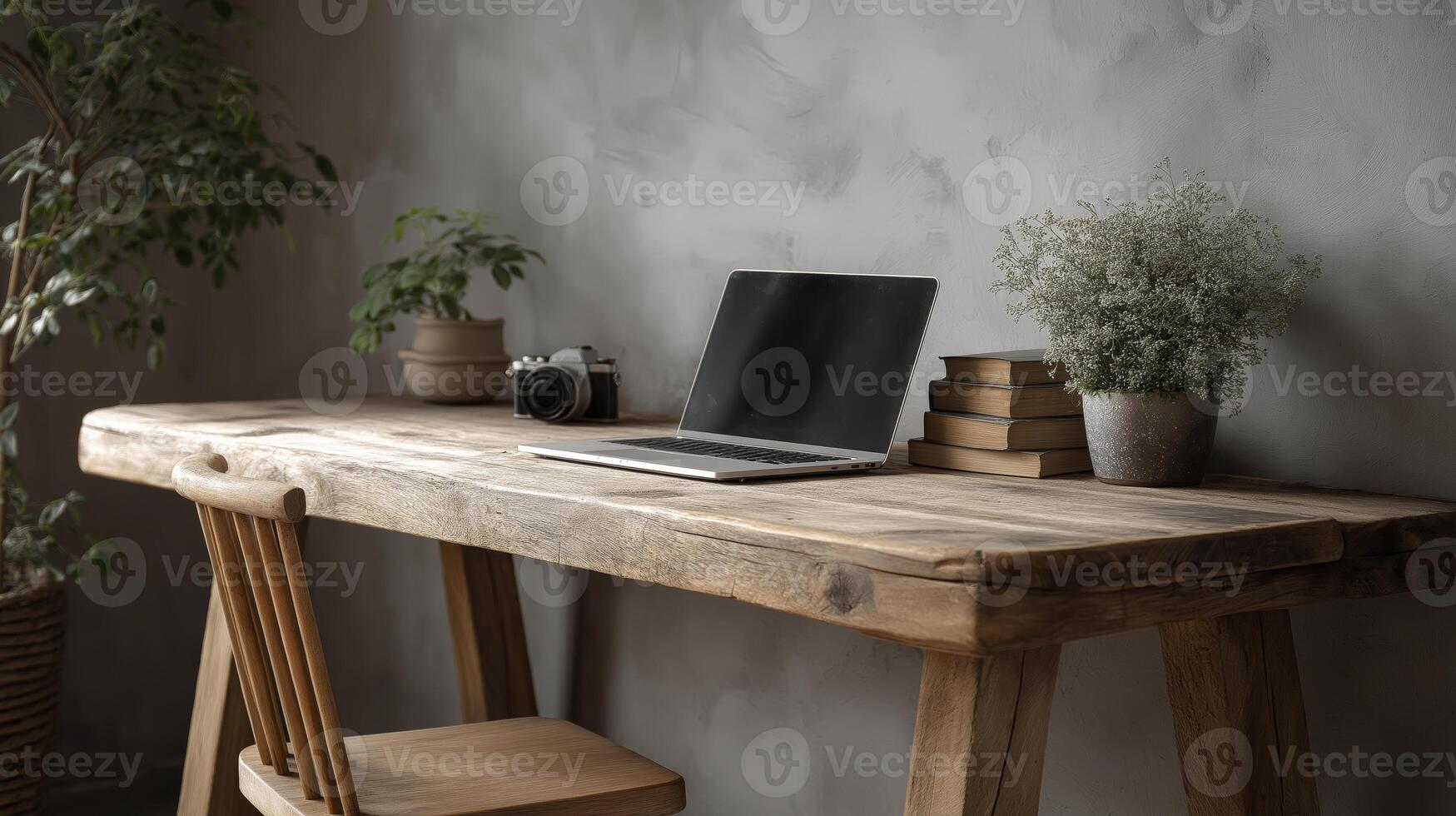 Simple wooden desk with open laptop, books, and camera next to potted plants creates serene workspace. natural light and rustic decor add calming atmosphere photo