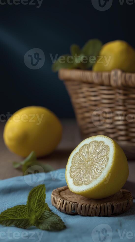 Fresh lemons and sliced lemon on rustic table create zestful scene, evoking feeling of summer. This vibrant still life captures beauty of citrus and culinary inspiration photo