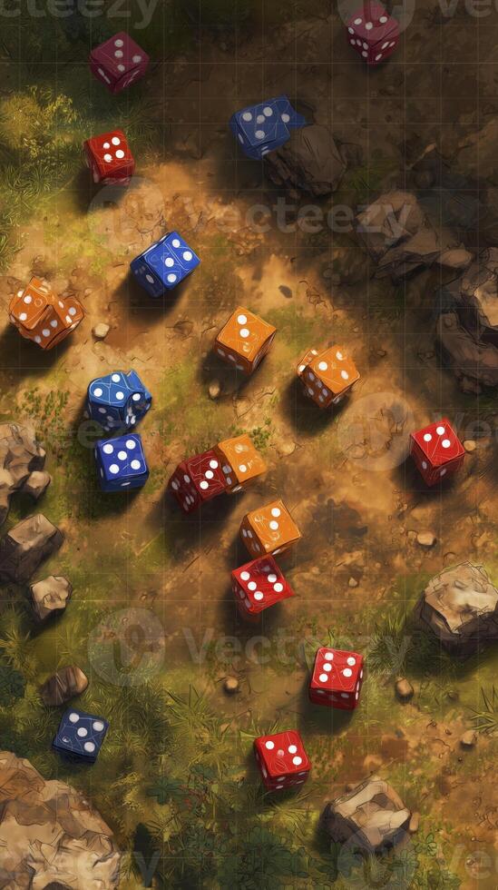 Colorful dice scattered on rocky terrain, surrounded by grass and stones, create playful and adventurous atmosphere. sunlight casts dynamic shadows, enhancing vibrant colors photo