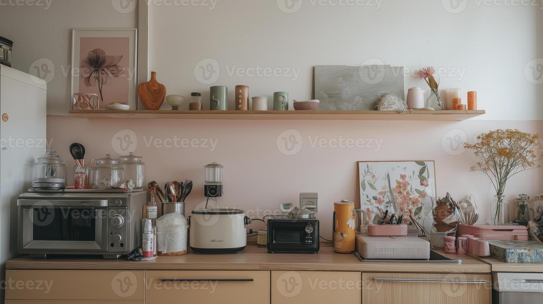Cozy kitchen corner with wooden shelf displaying various decorative items, including candles and vases, above countertop with kitchen appliances like toaster and microwave photo