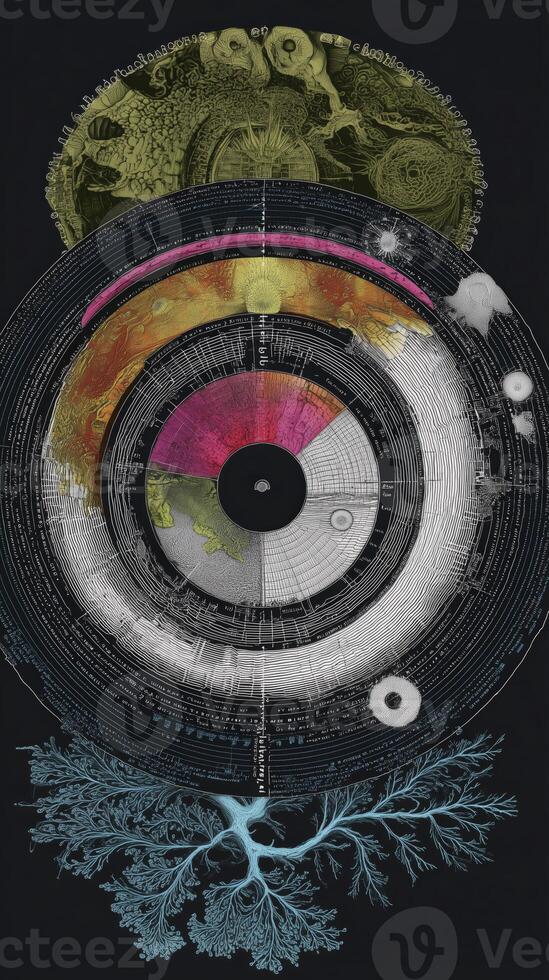This features complex, artistic representation of circular diagram with intricate details and vibrant colors. design includes layers resembling scientific illustrations, possibly depicting photo