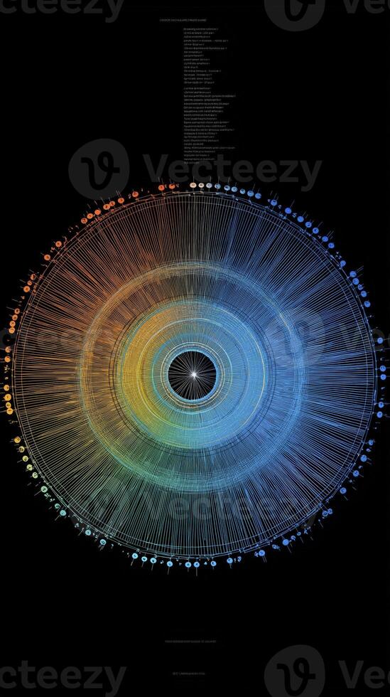 This features circular data visualization with gradient of colors ranging from orange to blue, representing complex information radial format. intricate lines and nodes create visually striking photo