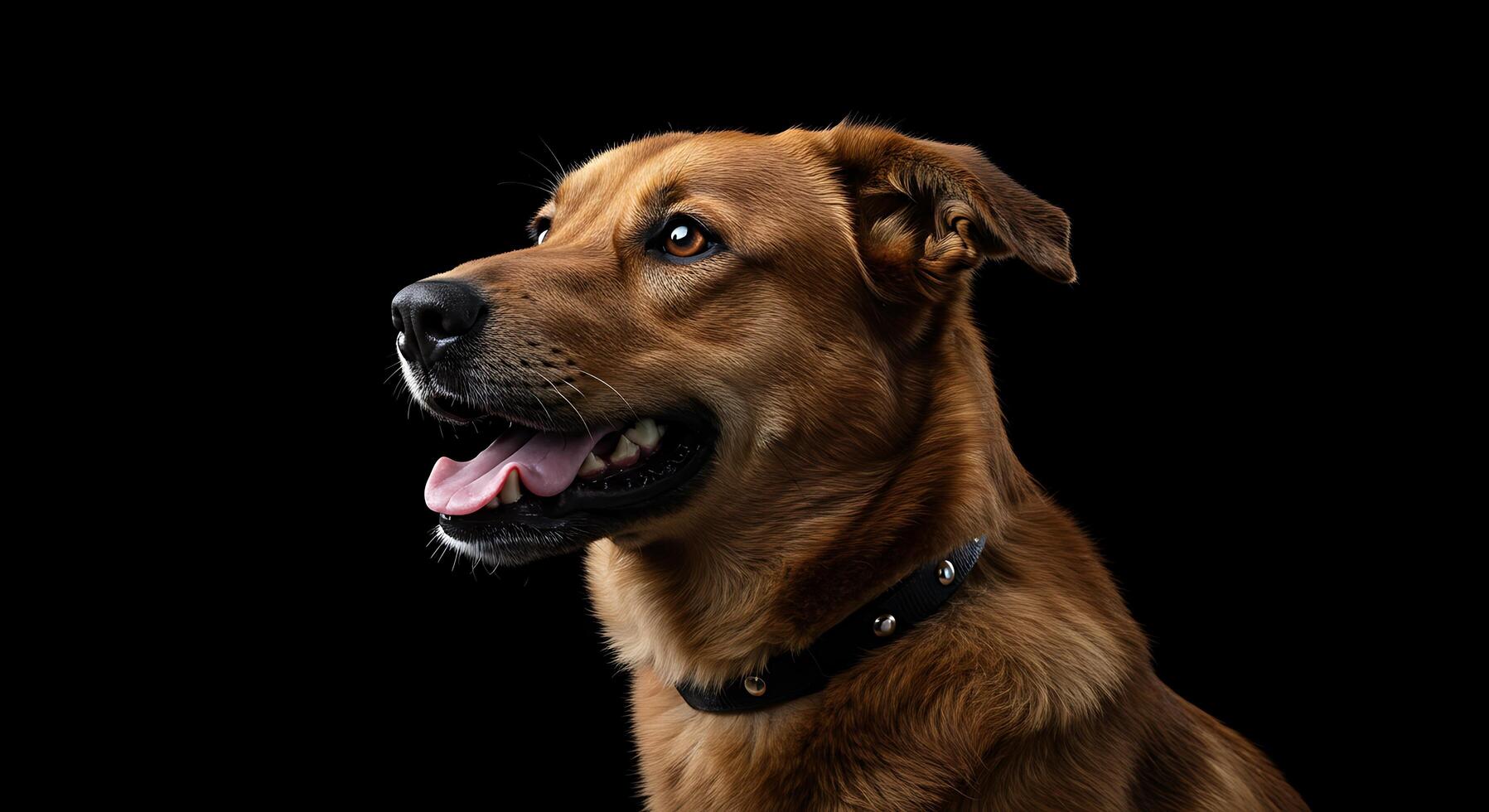 A dog is standing in front of a black background photo