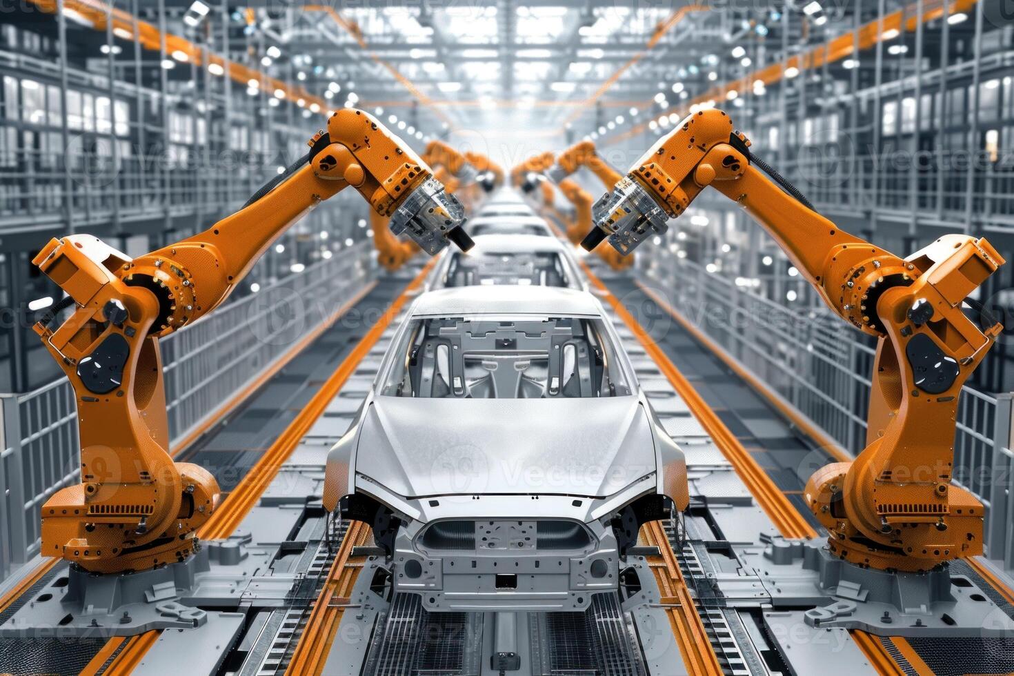 Robots working on a car in an assembly line photo