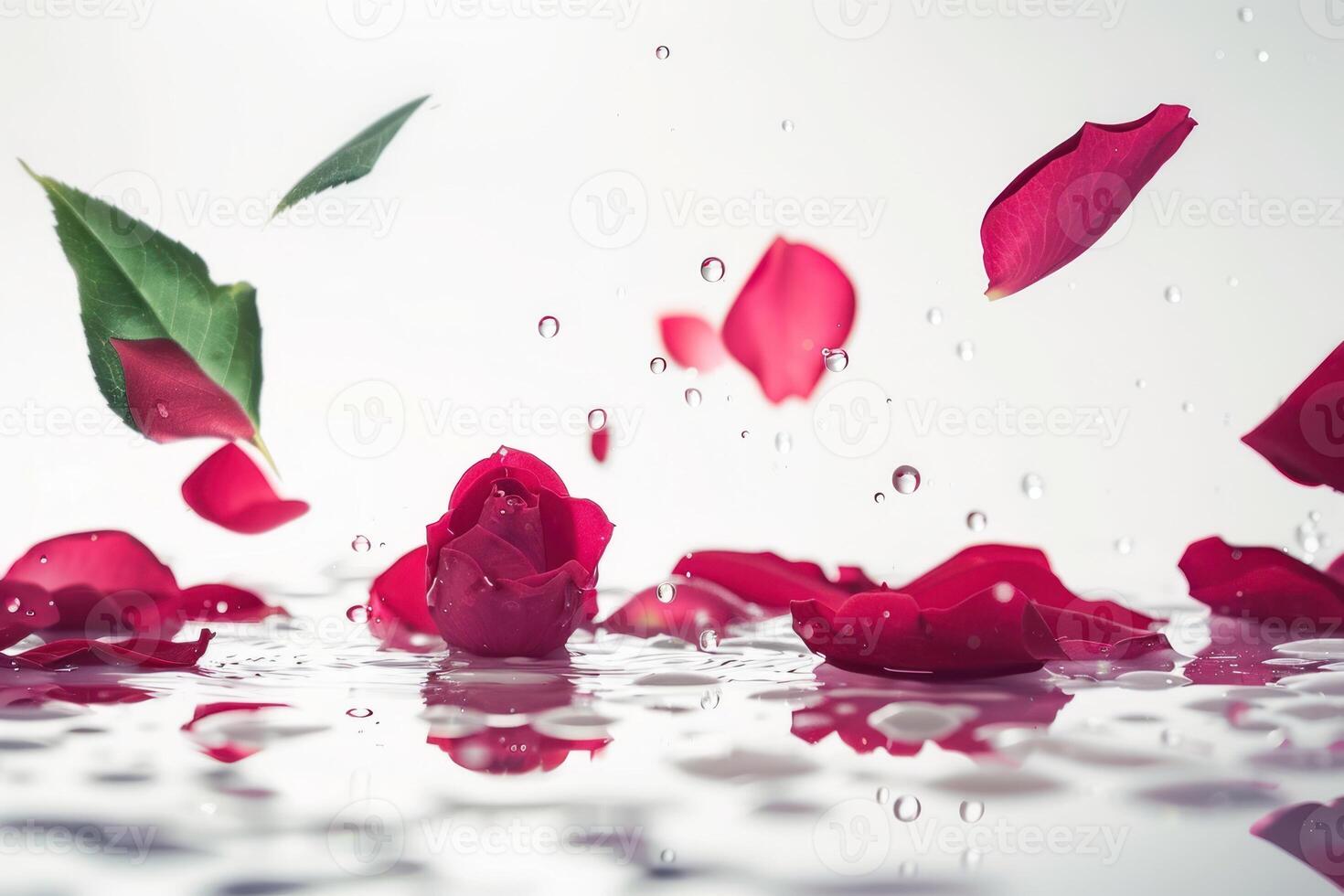 Roses falling from the water onto a white surface photo